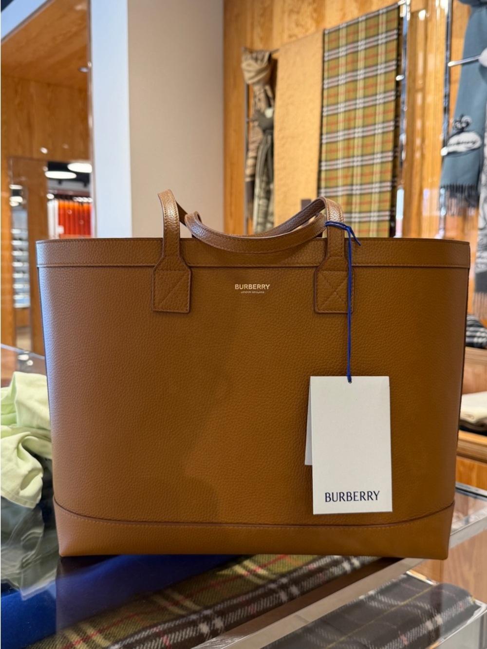 Sale ends 5/1 Burberry Brown Pebbled Leather tote bag with check print new